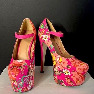 Size 7.5 Pink Floral Platform Stiletto Heels